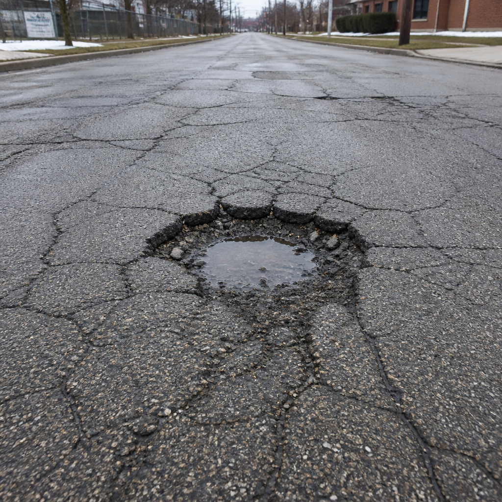Closeup of a pothole and cracked asphalt on an urban street, showing typical Metro Detroit winter road damage.