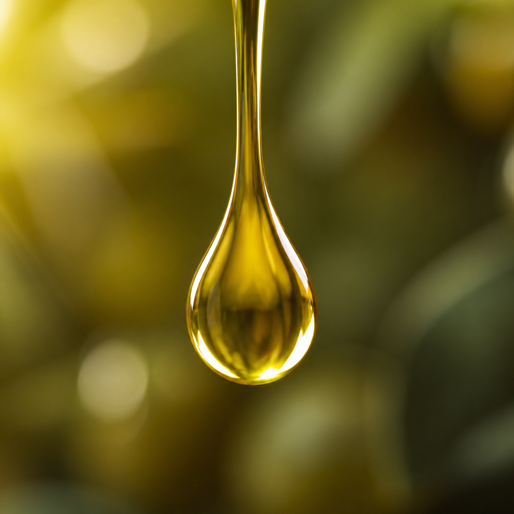 Gota de aceite de oliva virgen extra en suspensión destacando su pureza y calidad
