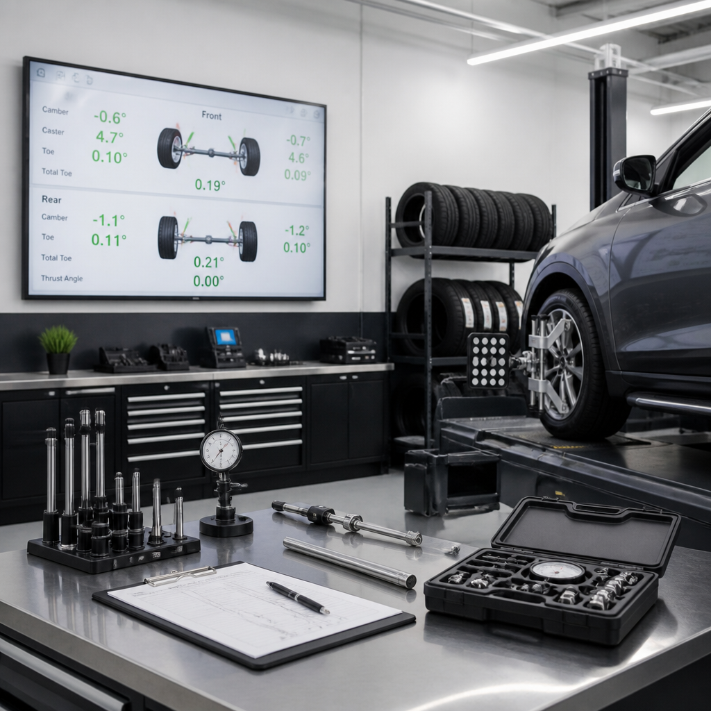Professional automotive workshop workspace with wheel alignment measurement tools and diagnostic equipment on display.
