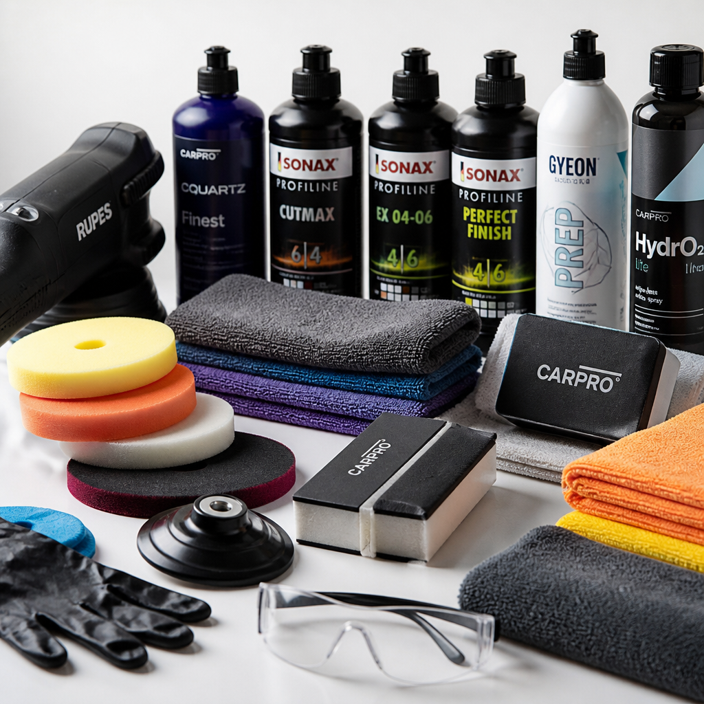 Assortment of professional car detailing products and materials displayed on white background