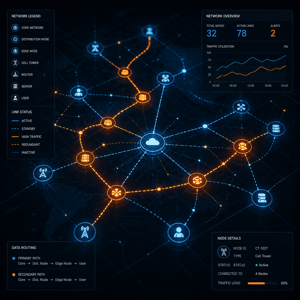 Digital network topology visualization with interconnected data nodes