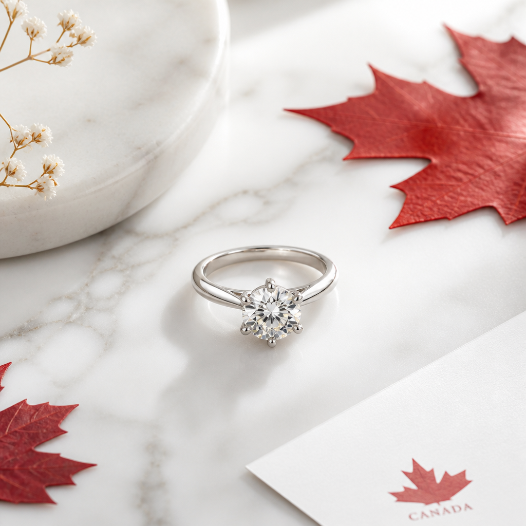 Overhead view of an engagement ring displaying diamond sparkle and clarity on a marble surface