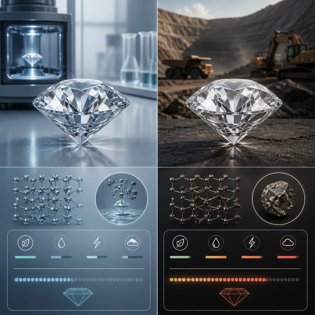 Visual comparison illustration of lab-grown and mined diamonds with cost and quality indicators