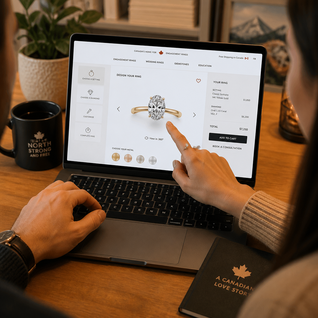 Couple collaborating on custom engagement ring design using online tools on a computer