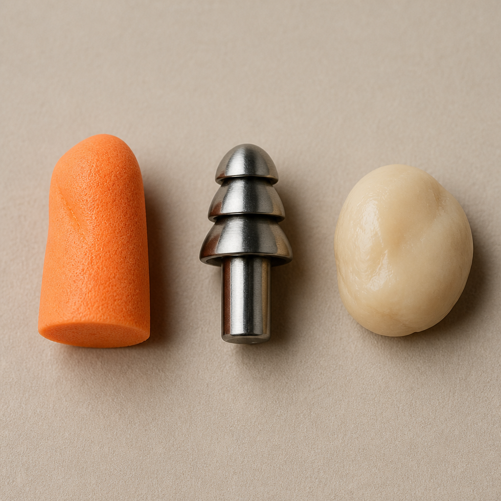 Three types of ear plugs-foam, metal, and wax-displayed side-by-side on a neutral surface
