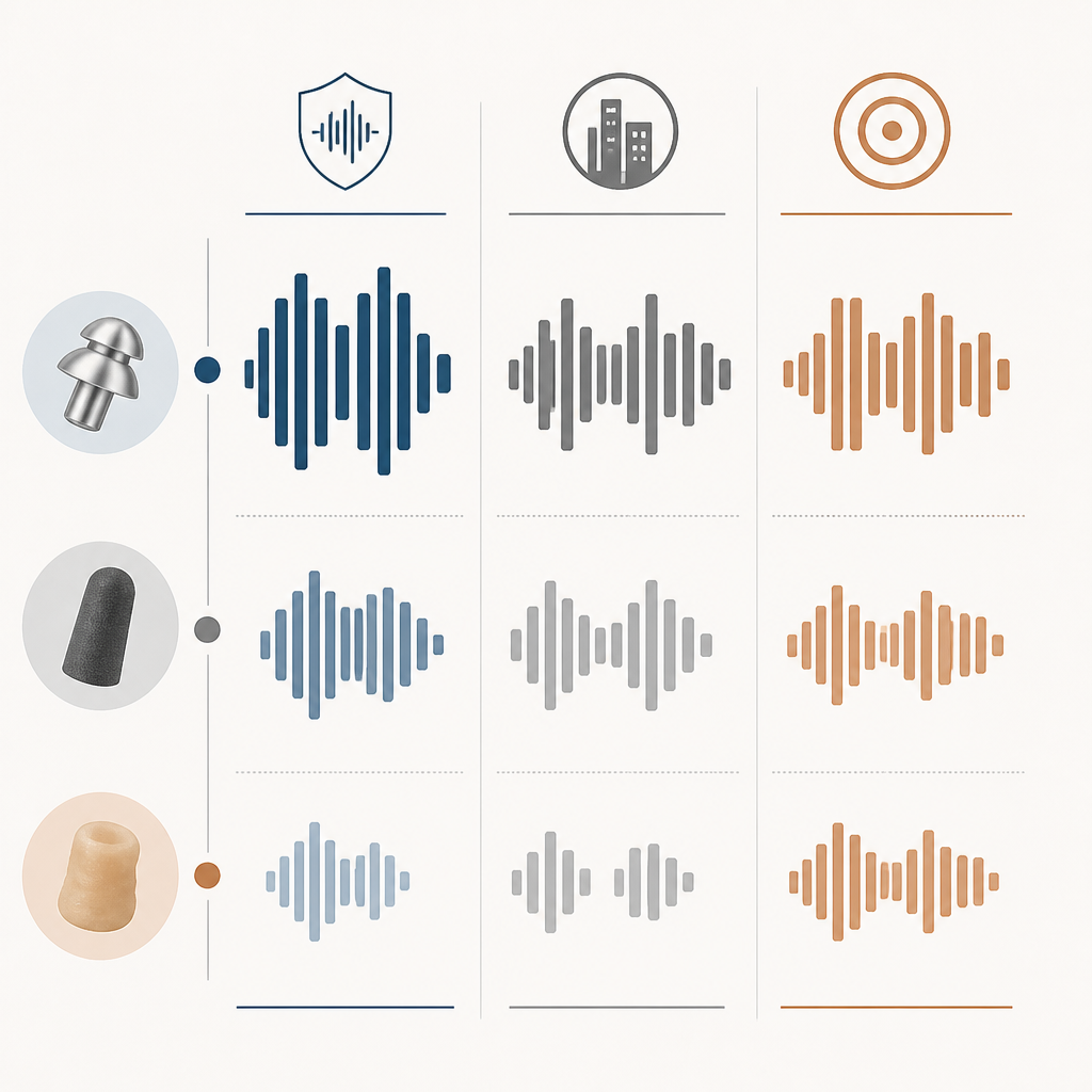 Abstract comparison visualization of ear plug performance metrics in three columns
