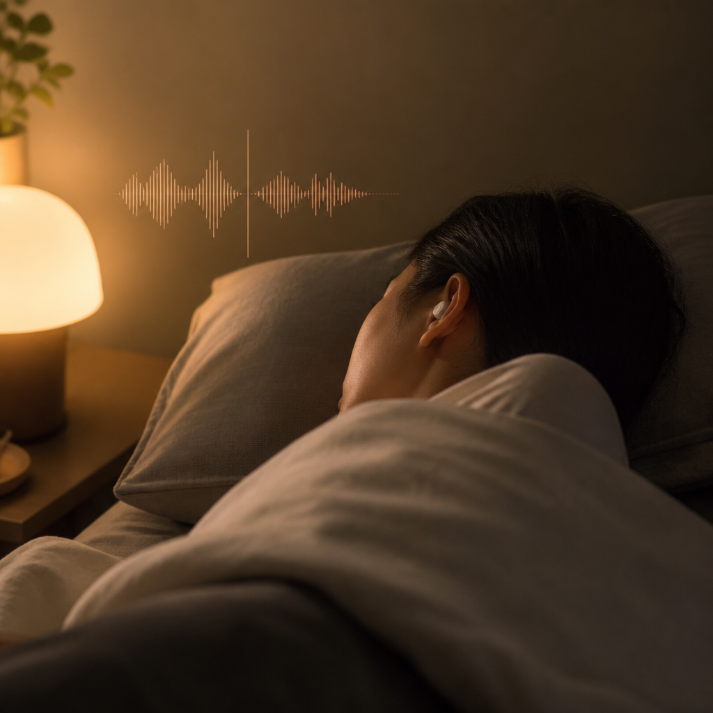 Person sleeping peacefully in bed during nighttime, suggesting restful sleep with noise protection