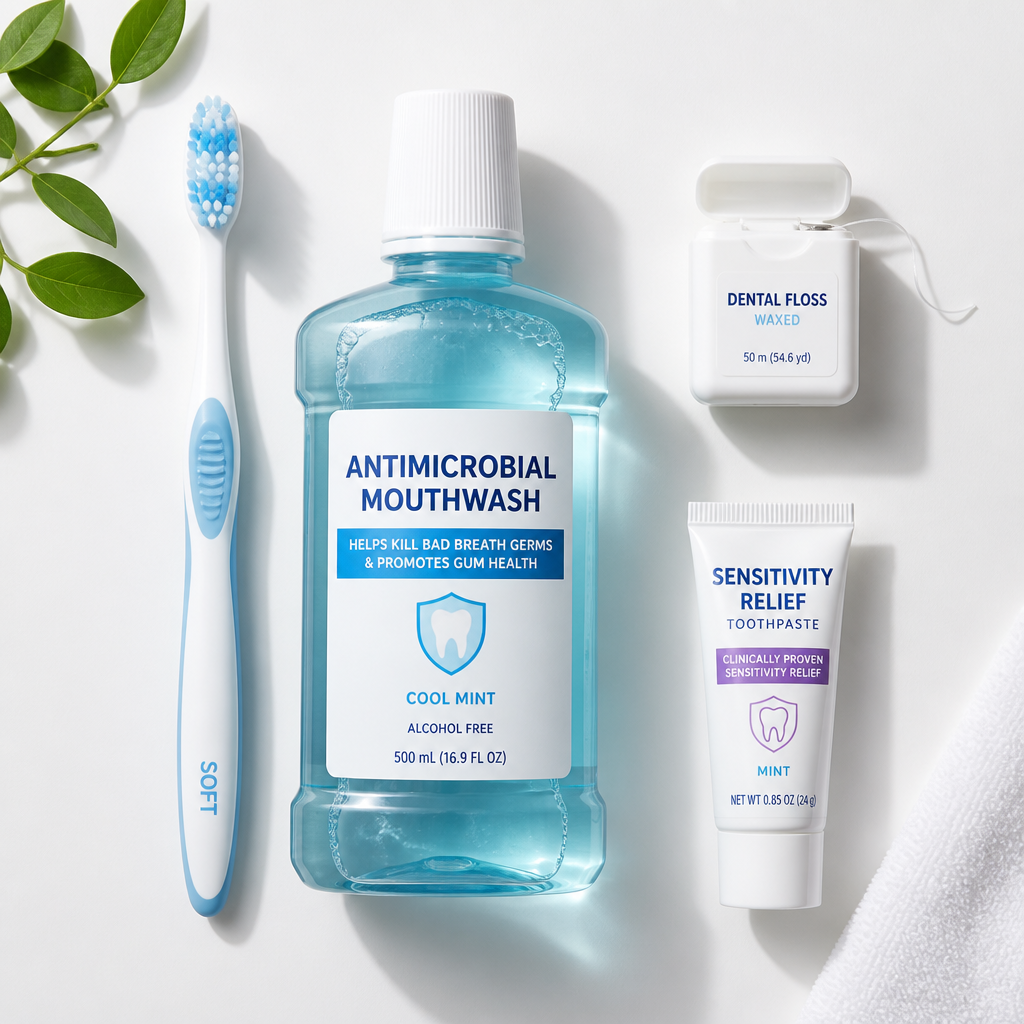 Assortment of specialized oral hygiene products designed for sensitive mouth care