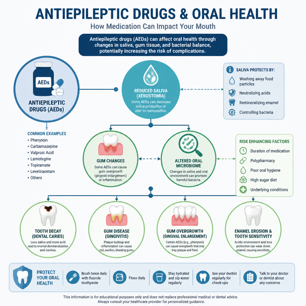Infographic illustrating the connection between antiepileptic medications and oral health issues