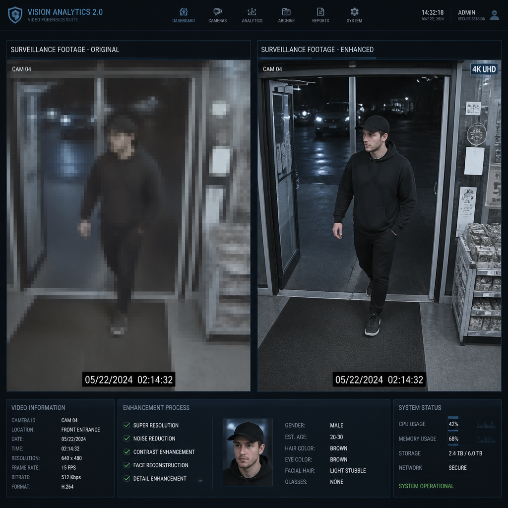 Side-by-side comparison of low-resolution pixelated footage versus high-definition 4K surveillance footage showing improved clarity