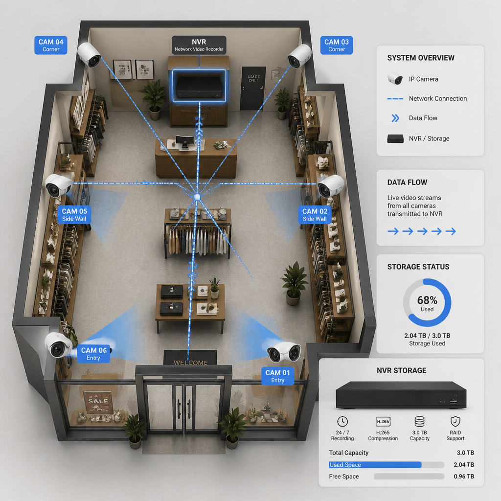 Isometric diagram of small business surveillance system layout showing camera placement and network infrastructure