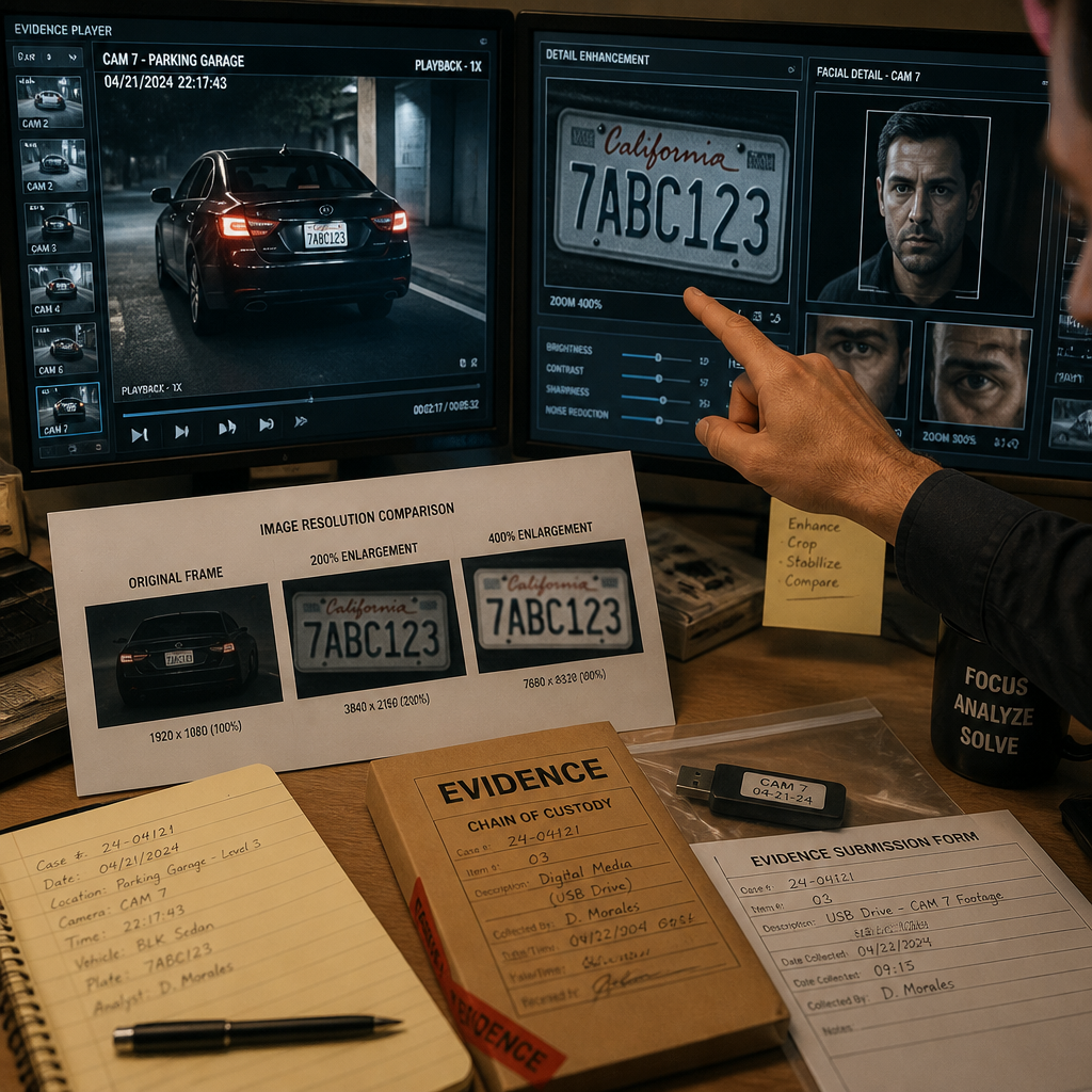 Security analyst reviewing and analyzing high-resolution surveillance footage on multiple monitors for evidence documentation