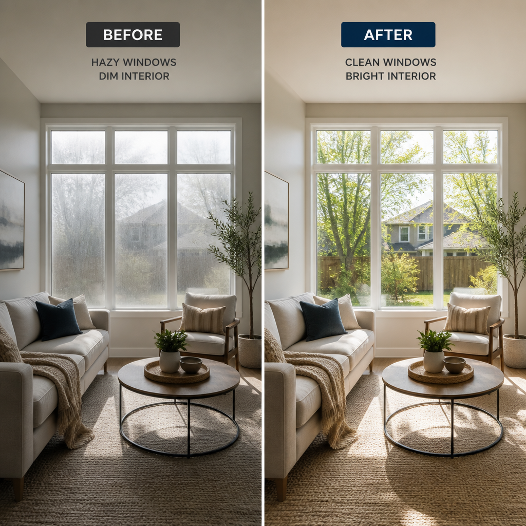 Living room interior comparison showing impact of clean windows on natural light