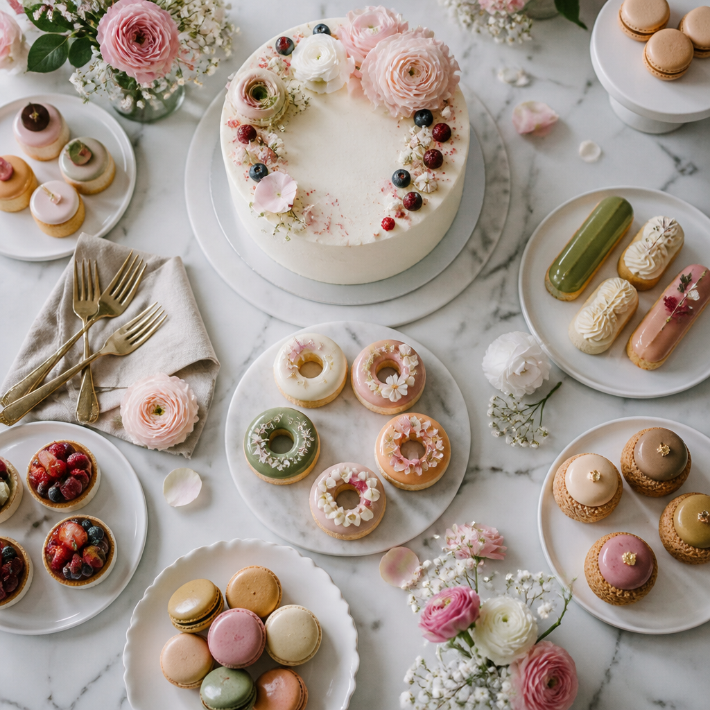 Overhead view of a curated birthday dessert table featuring multiple pastry options and a celebration cake