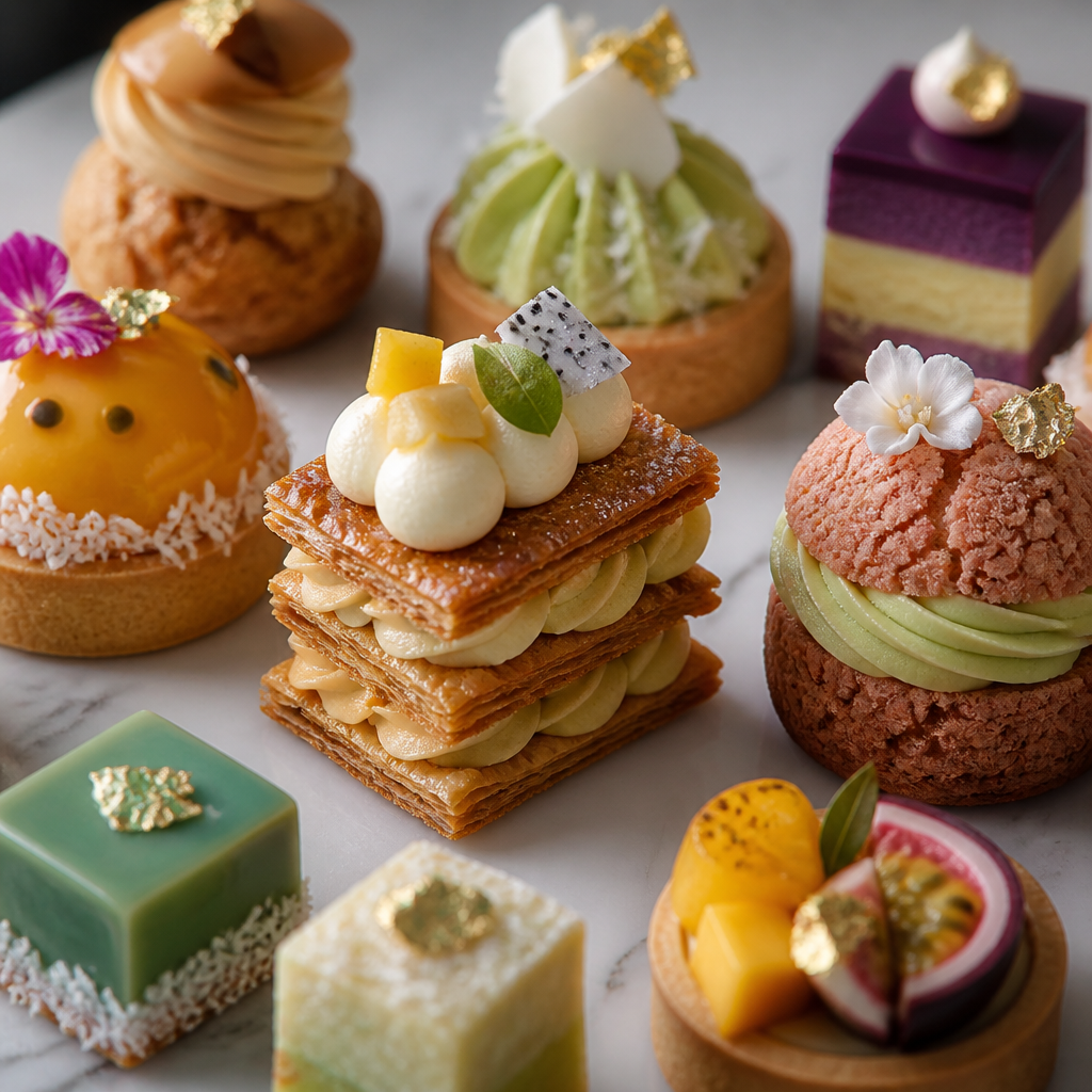 Detailed close-up of artisanal petit fours and tarts showing local and French pastry influences