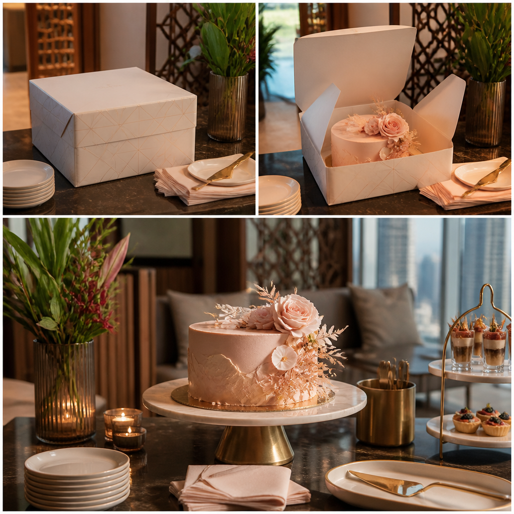 Birthday dessert delivery being arranged and presented on a venue refreshment table