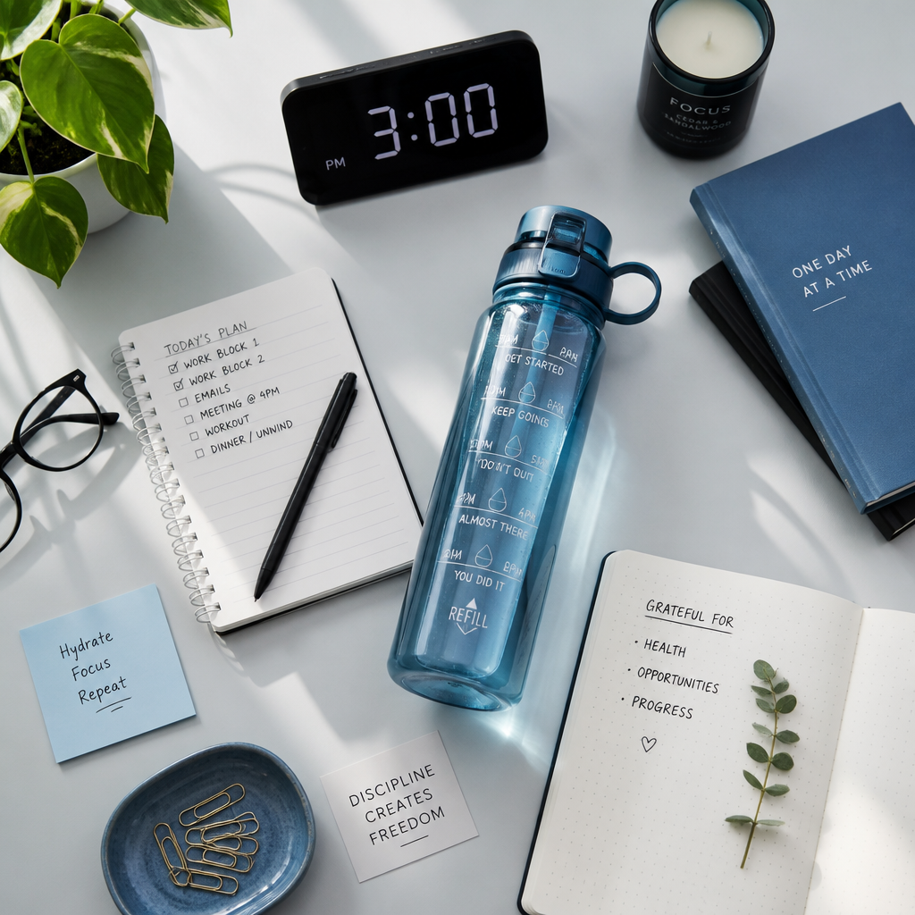 Overhead view of a desk workspace with water bottle and productivity items, emphasizing office hydration
