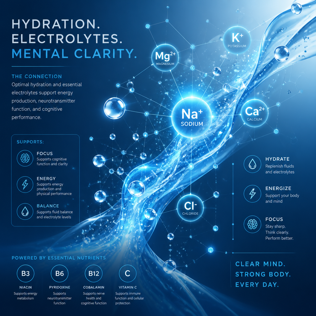 Abstract visualization of electrolytes and nutrients as glowing particles and energy pathways