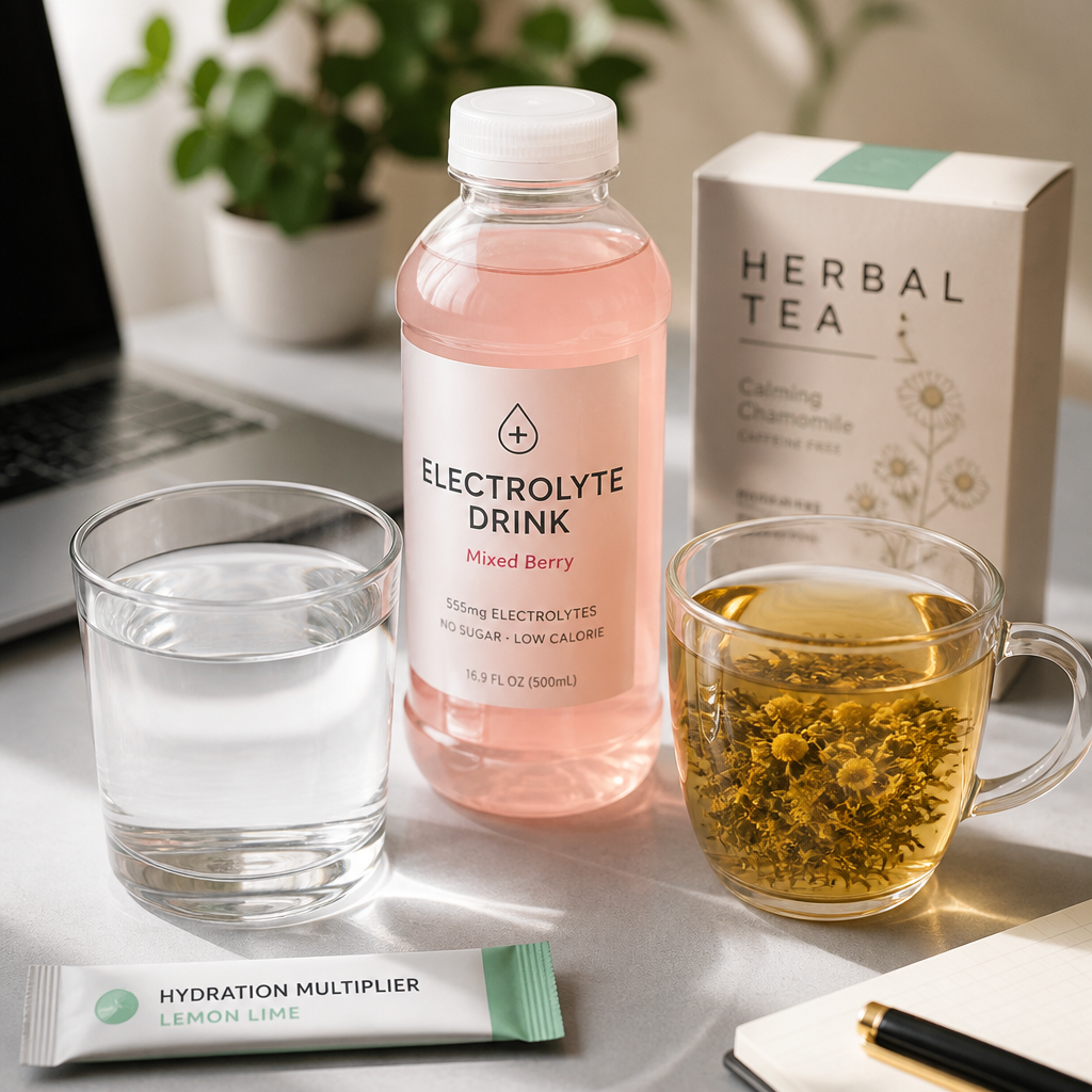 Close-up of hydration beverages and drinks arranged on an office desk with natural lighting