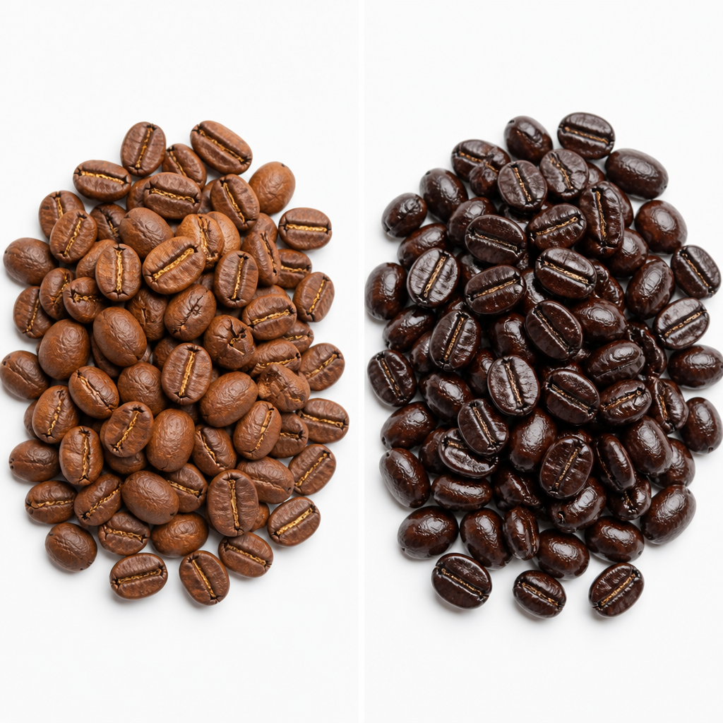 Side-by-side comparison of filter roast and espresso roast coffee bean colors
