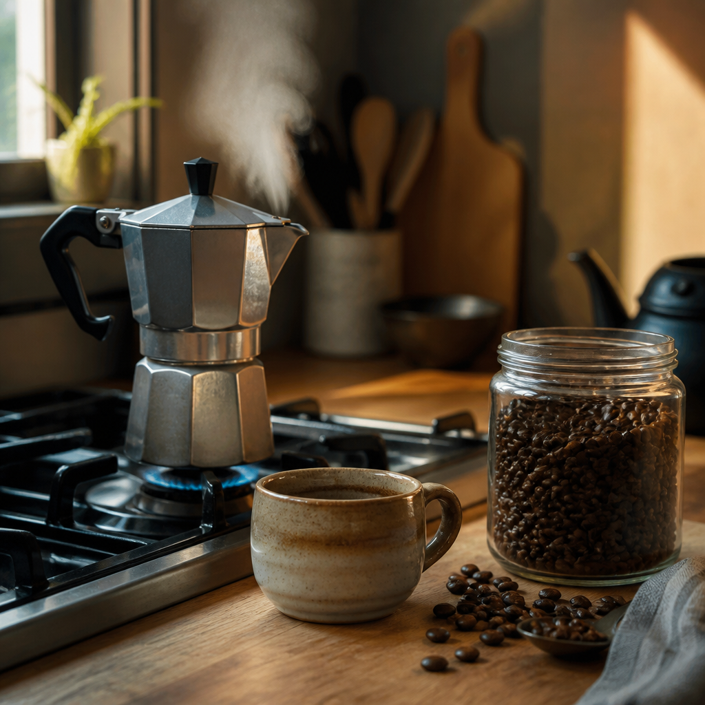 Moka pot brewing setup with espresso roast coffee and finished cup in a modern kitchen