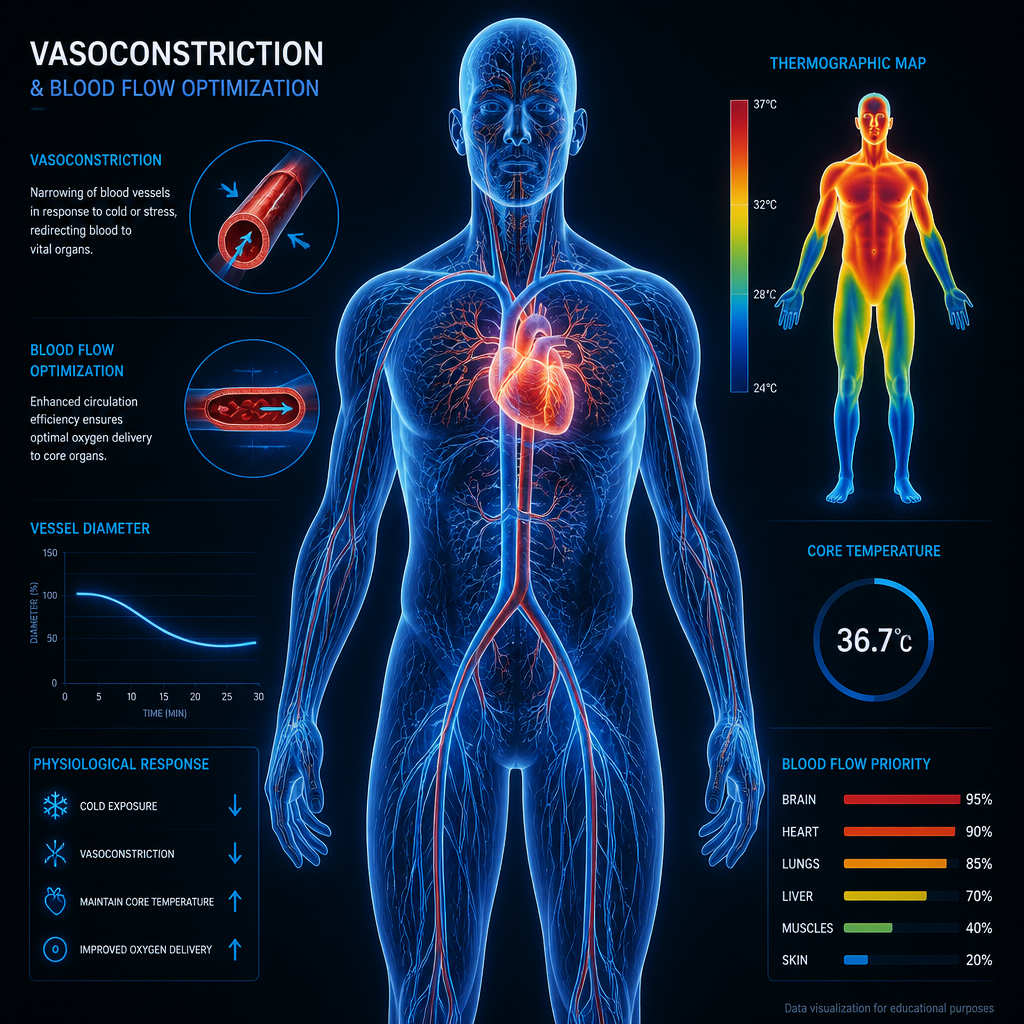 Visualização científica do sistema circulatório com representação de vasoconstrição e fluxo sanguíneo