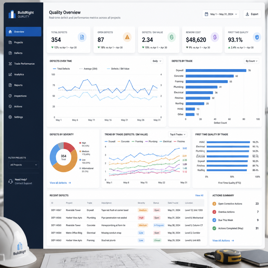 Construction quality analytics dashboard showing defect statistics and trade performance metrics