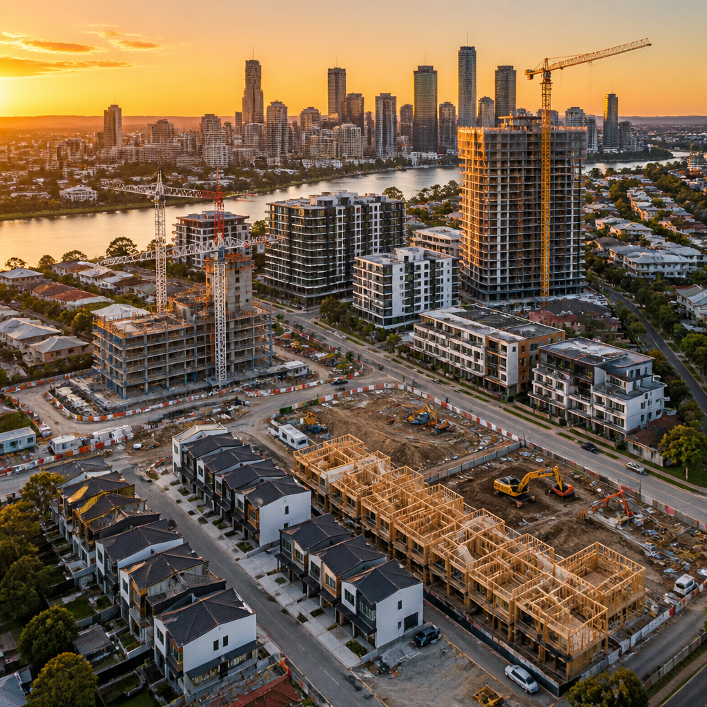 Brisbane residential construction projects including townhouses and high-rise apartment developments