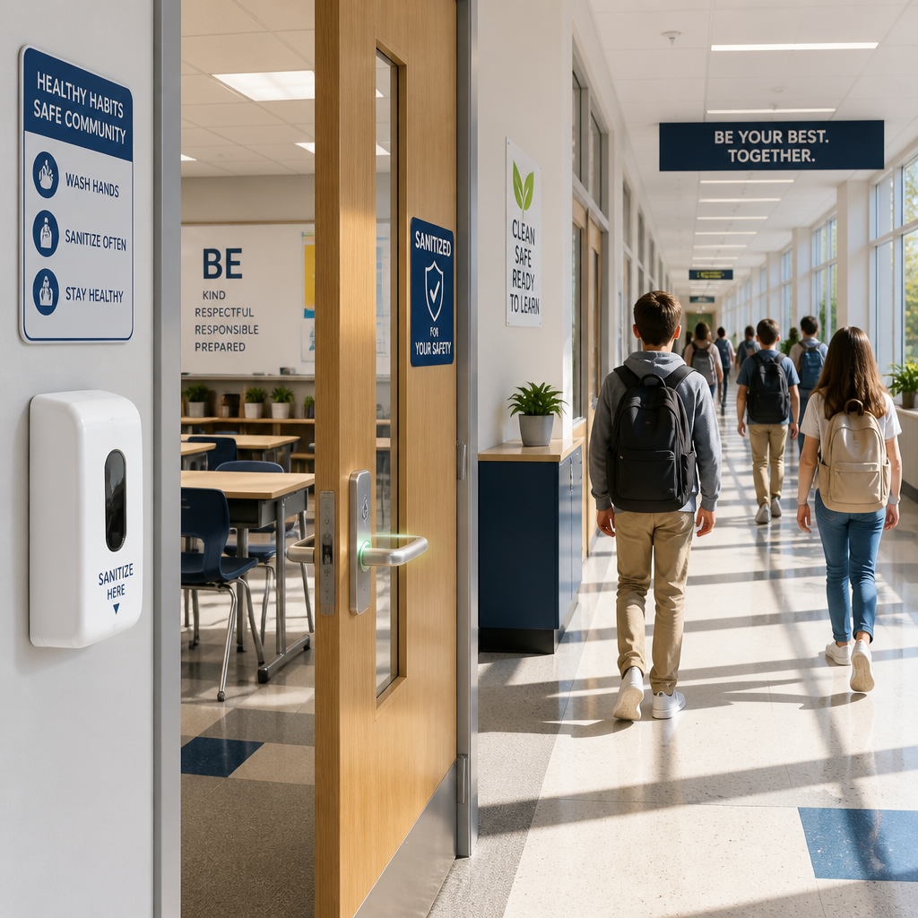 Sunlit school hallway with clean surfaces and students in background - School Cleaning