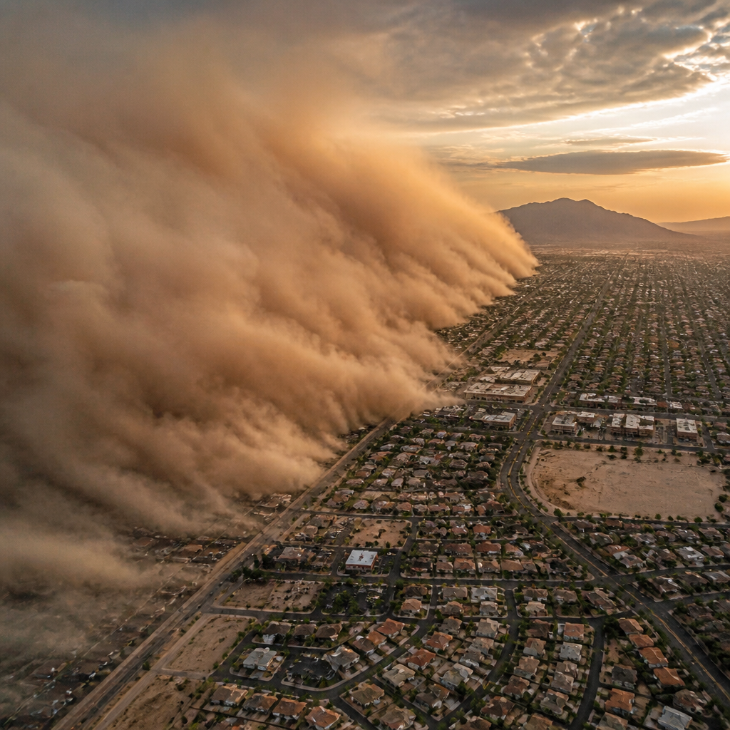 Haboob dust storm approaching Phoenix residential neighborhood from above