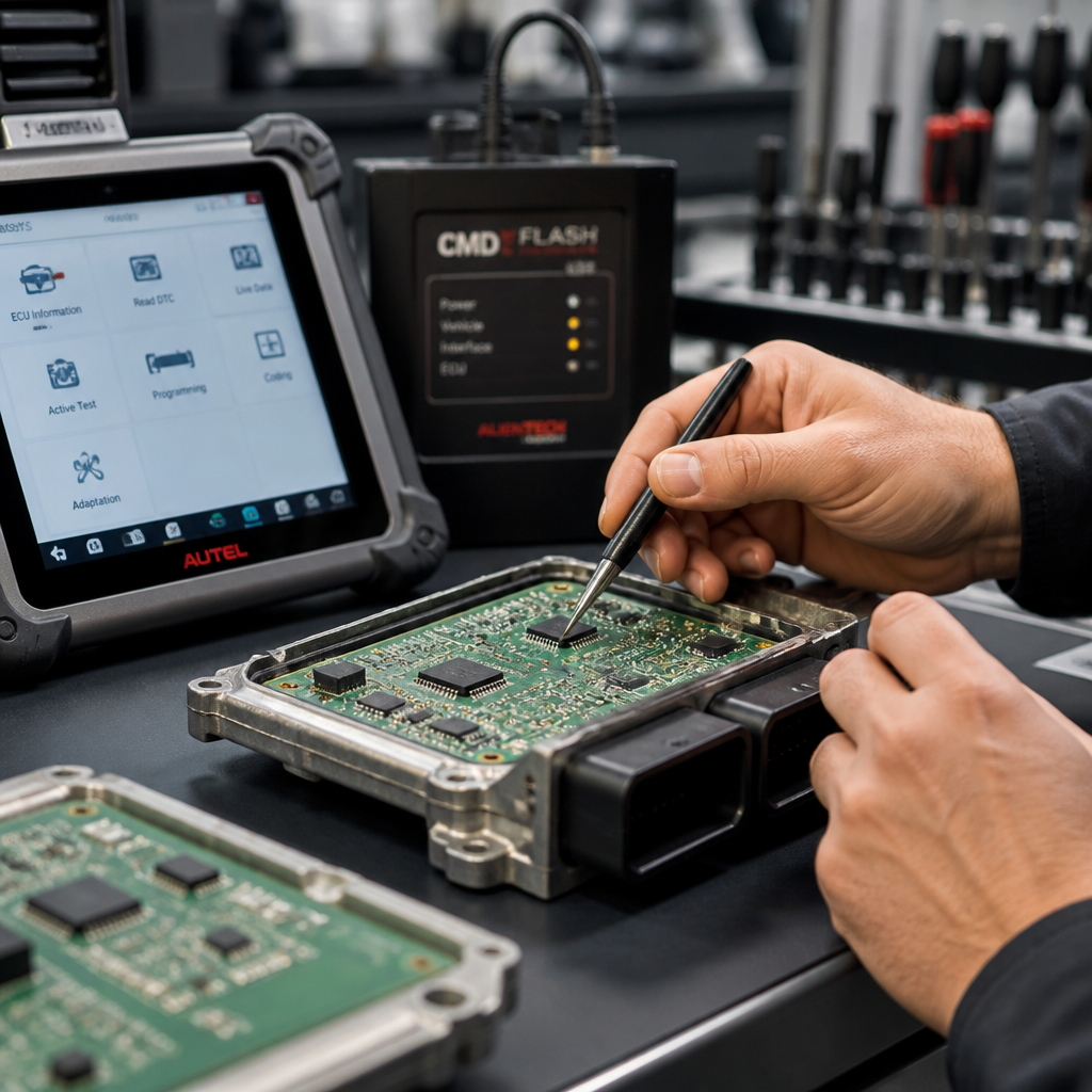 Technician performing detailed module programming work on automotive electronics