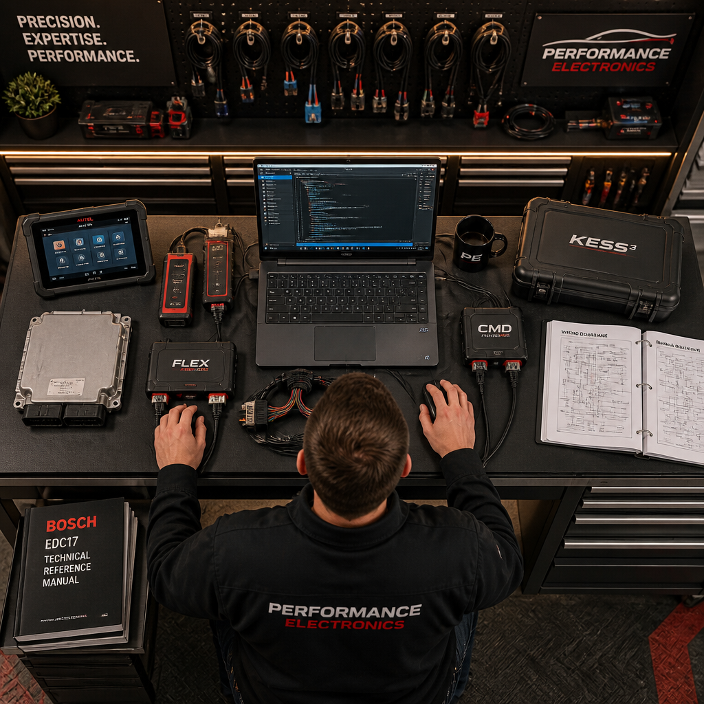 Professional automotive electronics specialist workshop setup with diagnostic tools