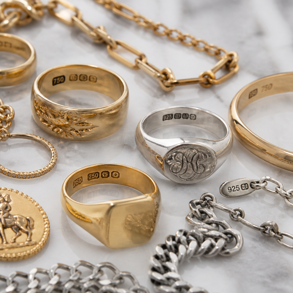 Schmuck Ankauf in Wien: Was ist Ihr alter Schmuck wert? 2 Detailansicht von antikem Gold- und Silberschmuck mit sichtbaren Punzen auf Marmorfläche