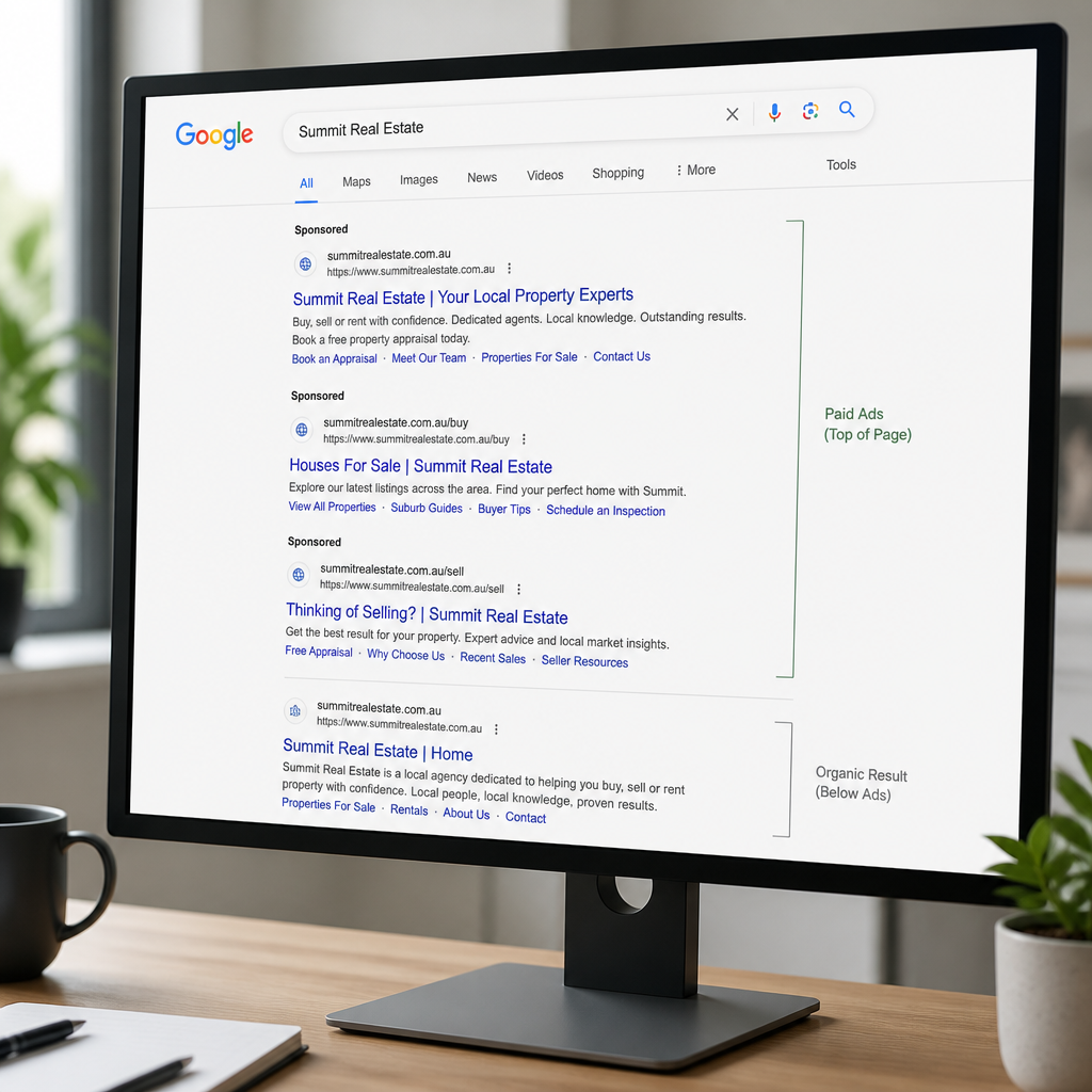 Google search results showing competitor keyword targeting in paid ads above organic listings