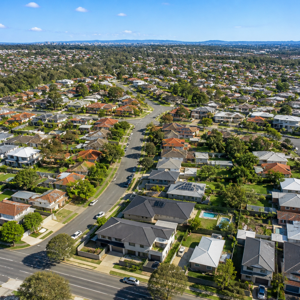 Aerial view of Australian suburban residential area and properties