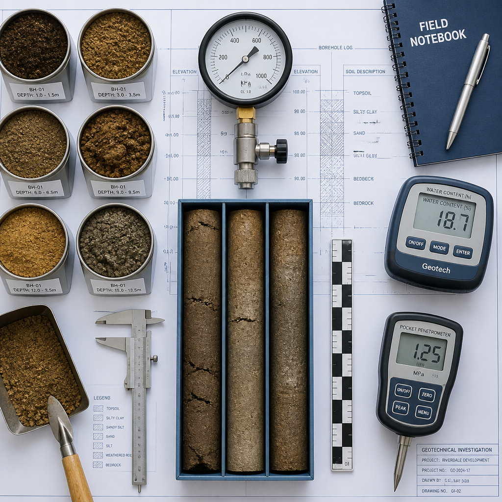Outils d'analyse géotechnique et échantillons de sol disposés sur plans techniques