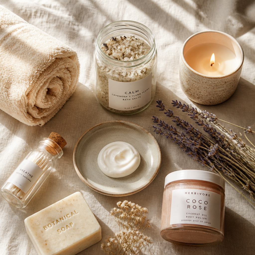 Self-care bath and wellness products artfully arranged on neutral fabric
