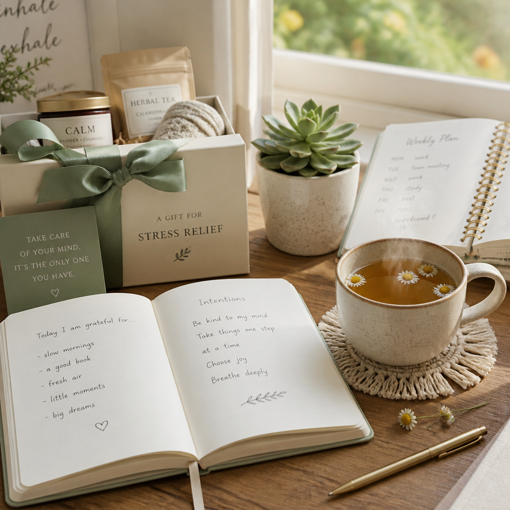 Calming desk scene with journal, tea, and self-care gift for back-to-school season