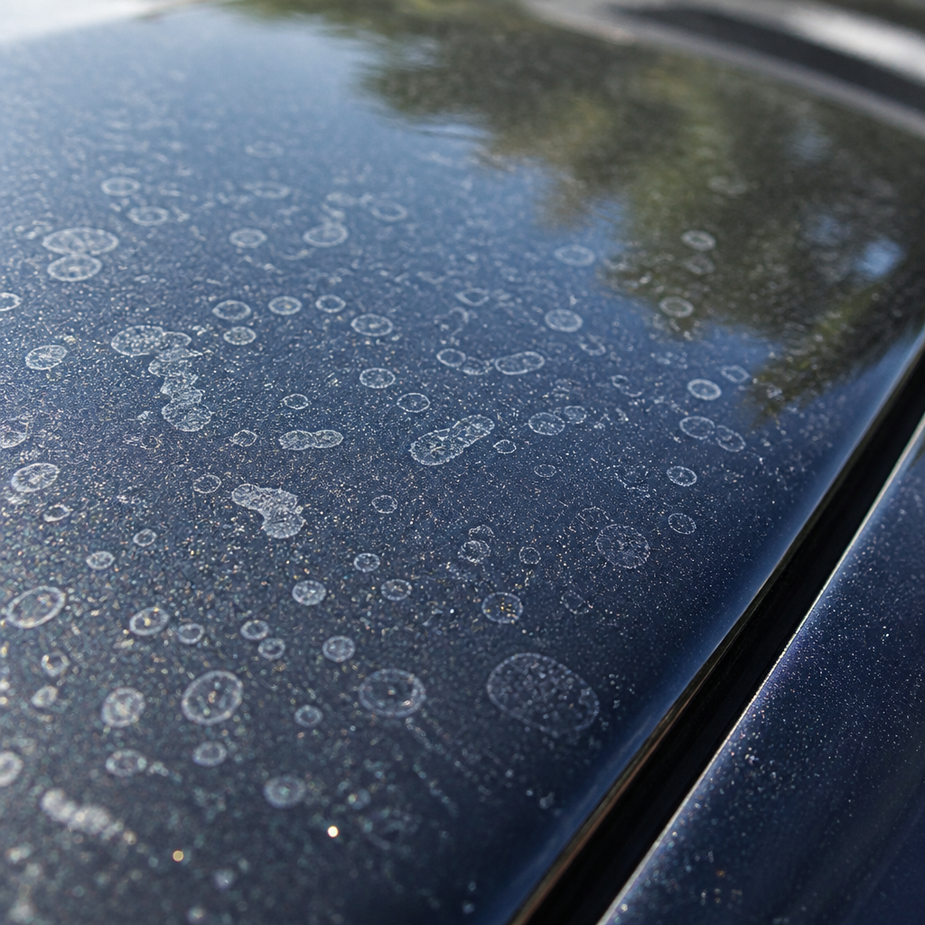 Close-up of water spots and mineral deposits on car clear coat
