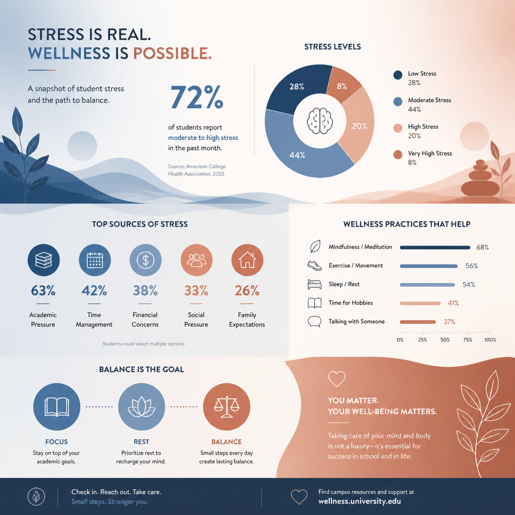 Modern wellness data visualization with stress relief and balance statistics