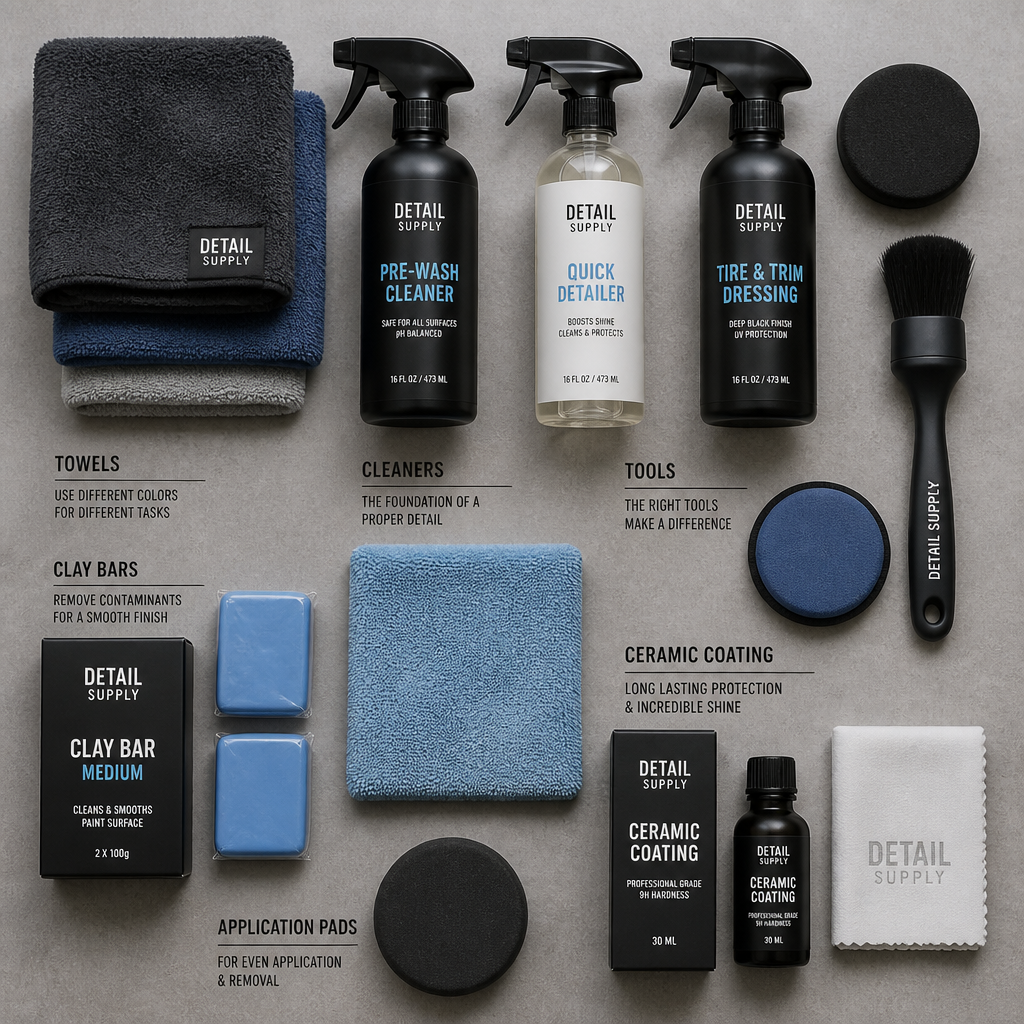 Car detailing supplies and water spot removal products arranged for a guide