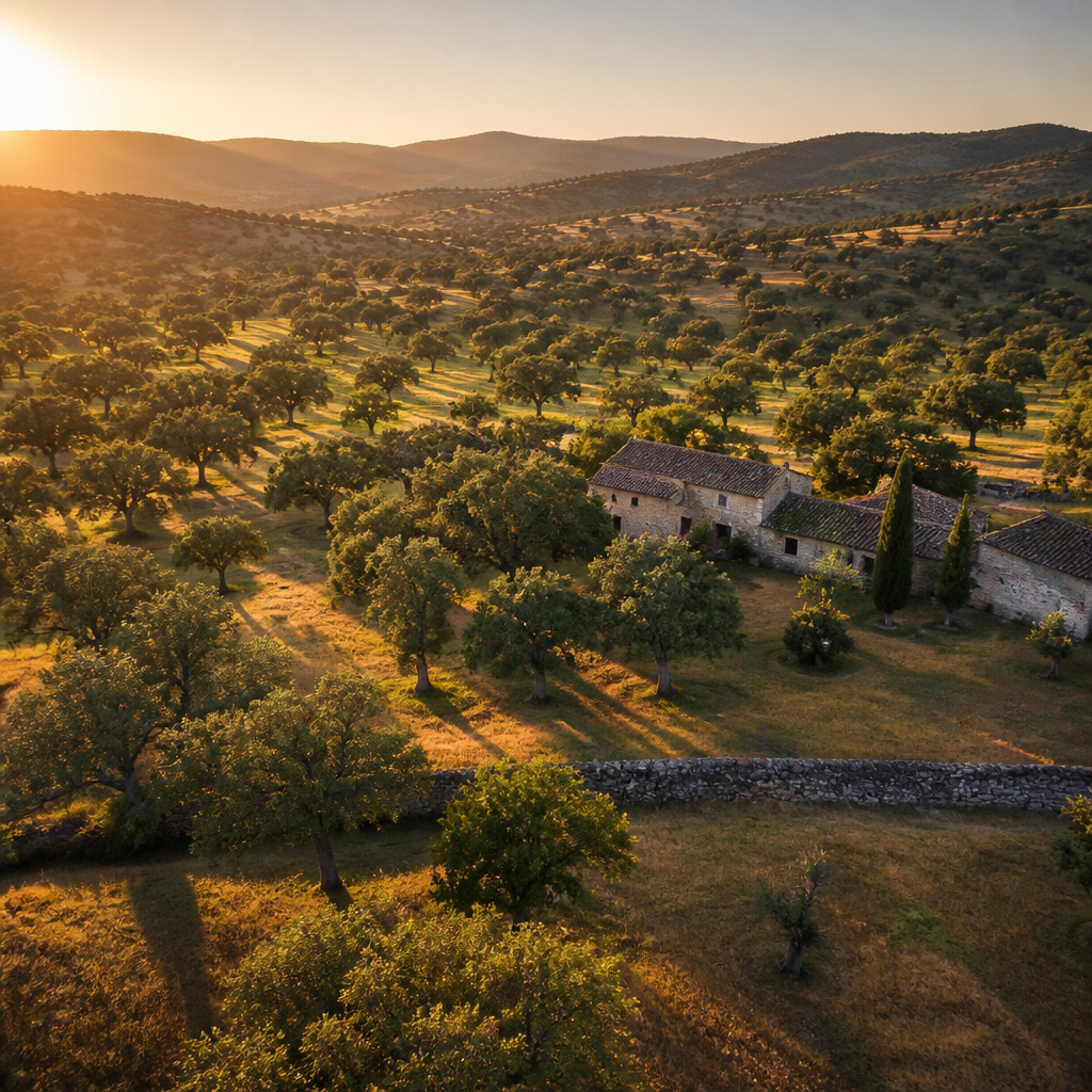 Paisaje aéreo de la dehesa española con robles dispersos y arquitectura rural tradicional