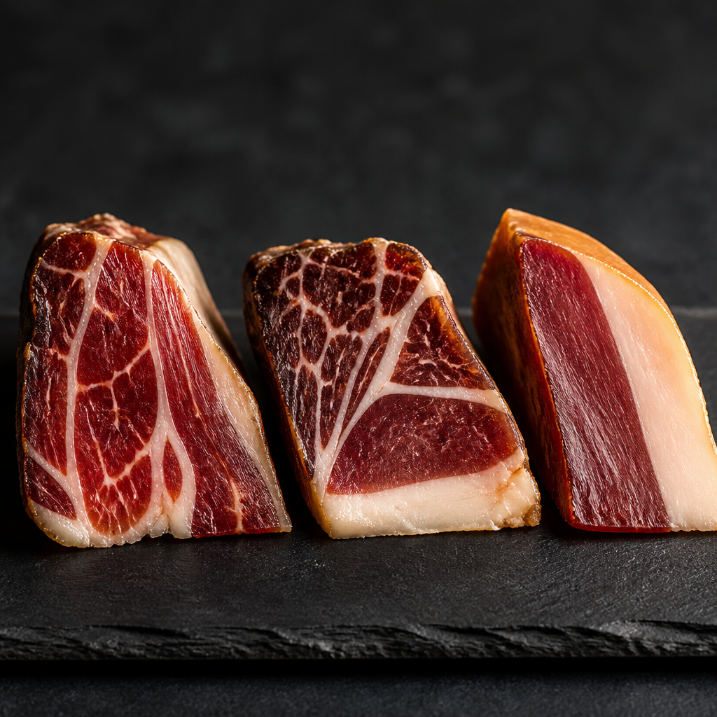 Tres cortes diferentes de jamón ibérico mostrando distintos niveles de curación y marmoleado