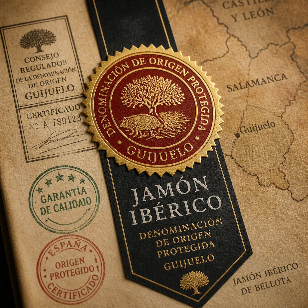 Precinto de denominación de origen protegida del jamón ibérico con detalles de certificación