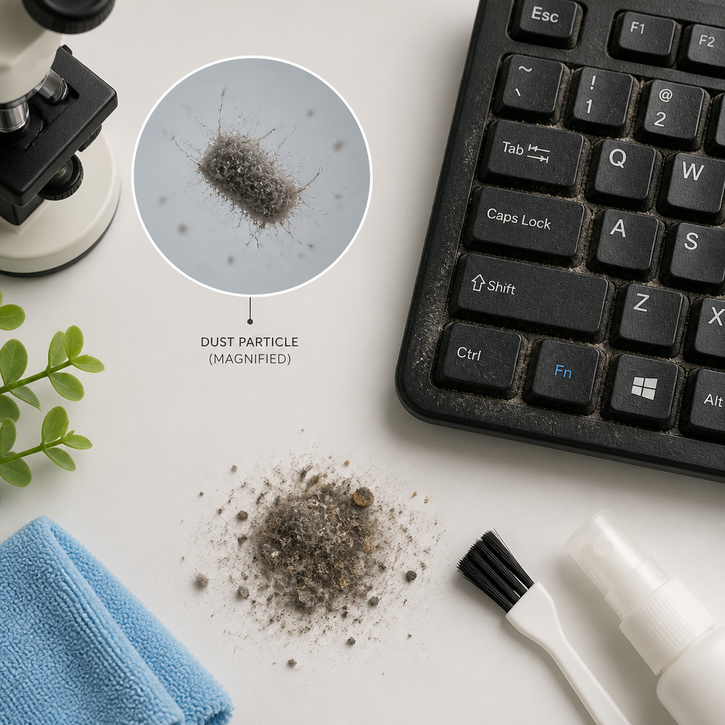 Close-up overhead view of dust and grime accumulation on office equipment with cleaning supplies nearby - Office Deep Clean