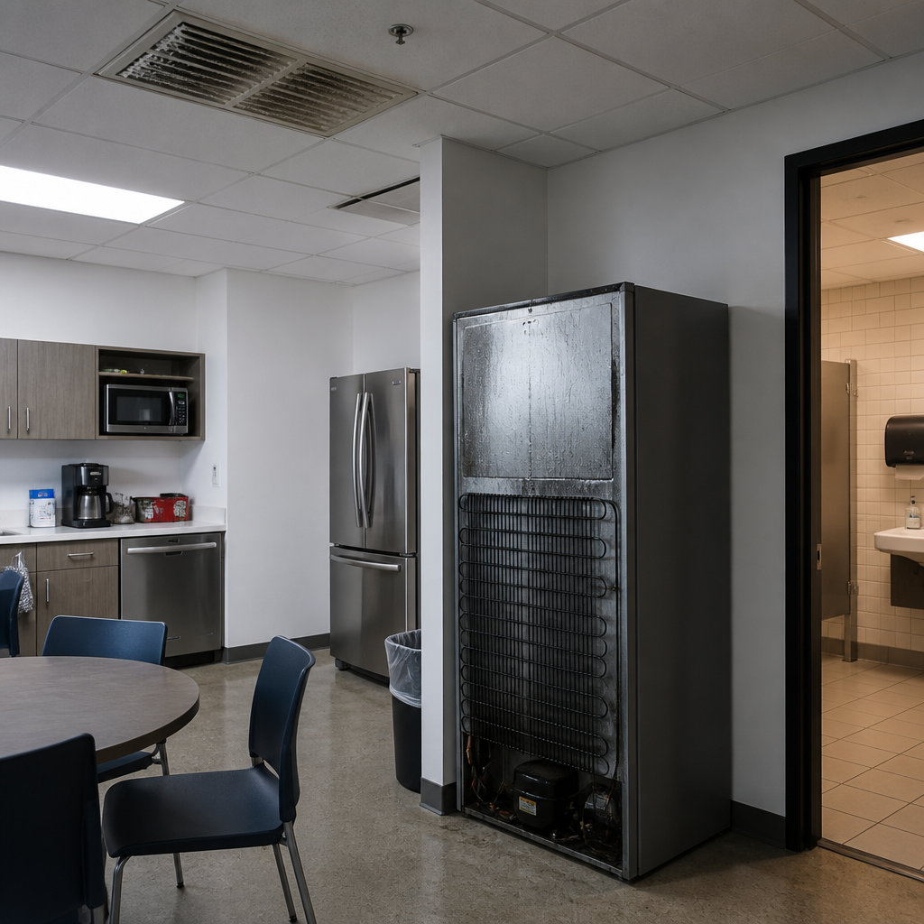 Modern office interior highlighting hard-to-clean areas including air vents and refrigerator back panel - Office Deep Clean
