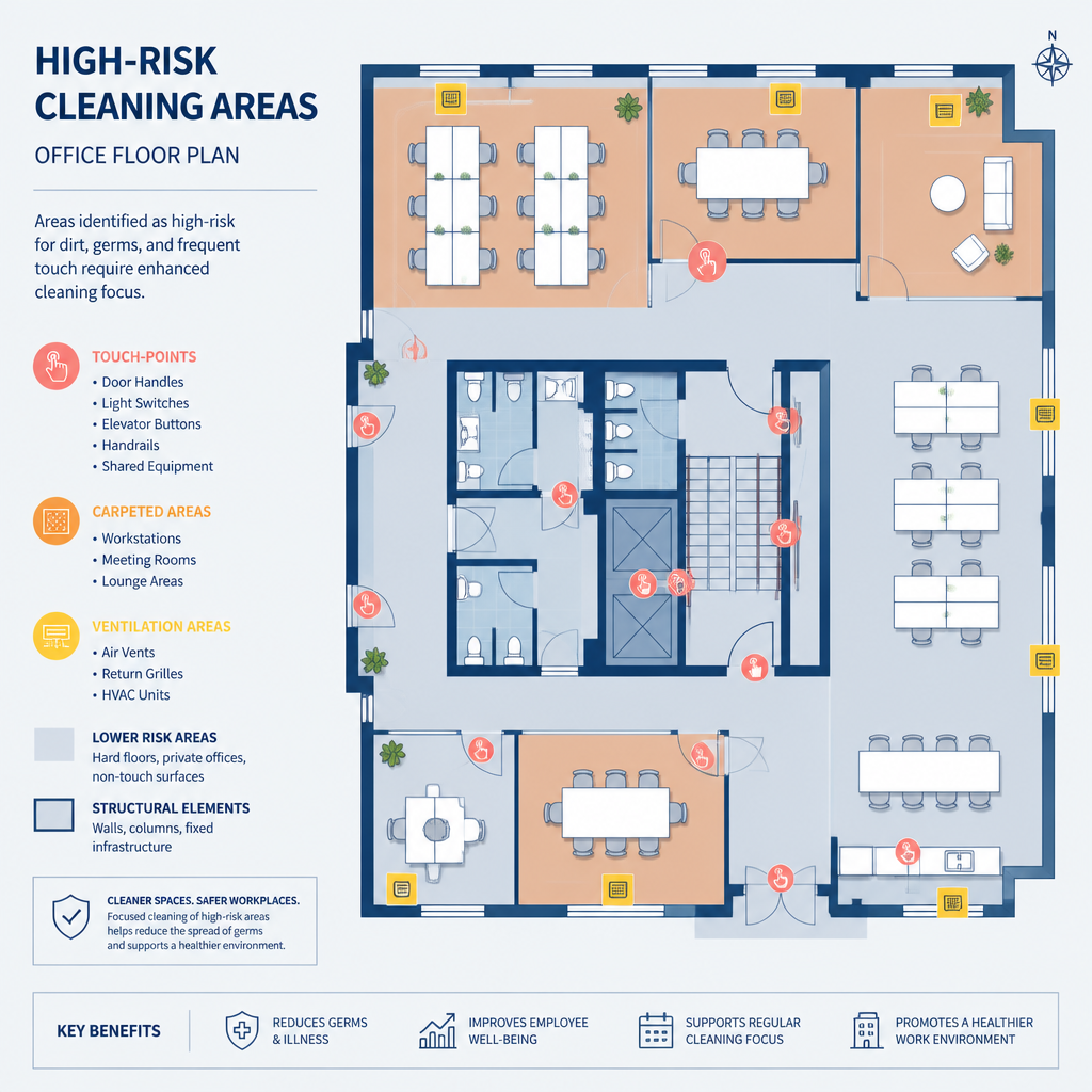 Abstract office layout diagram with color-coded zones indicating areas requiring deep cleaning attention - Office Deep Clean