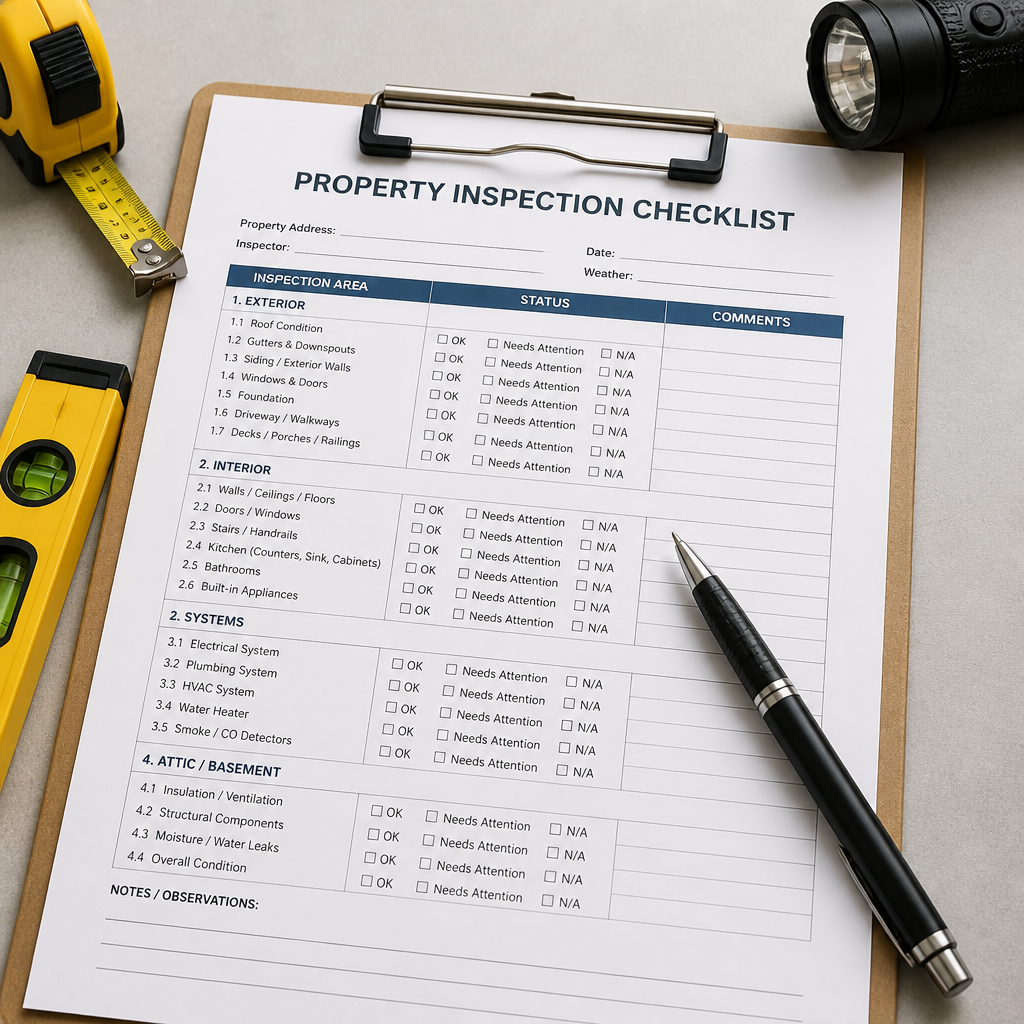 Pre-handover inspection checklist and tools on clipboard