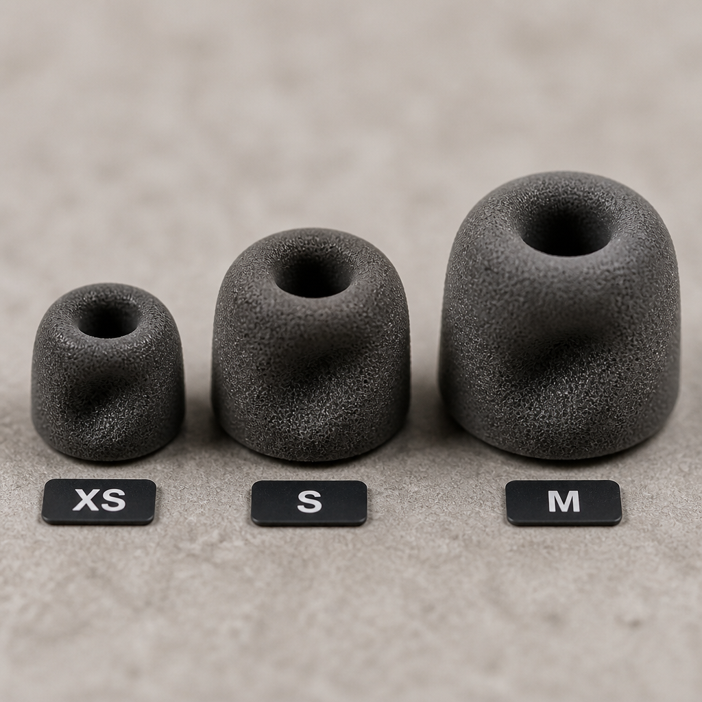 Three memory foam ear plug sizes (XS, S, M) arranged in size order showing texture differences