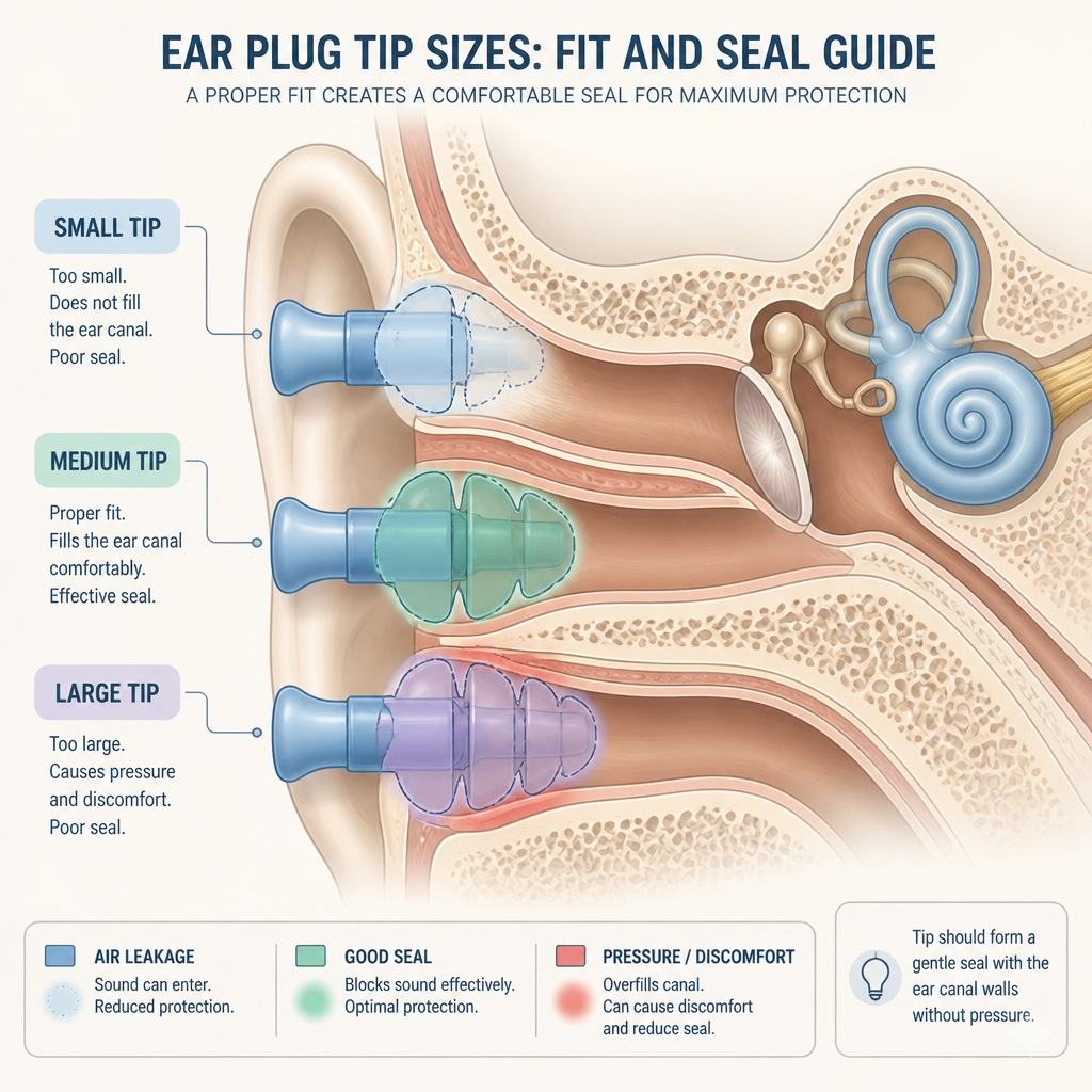 Diagram illustrating proper ear plug fit within ear canal anatomy for different tip sizes
